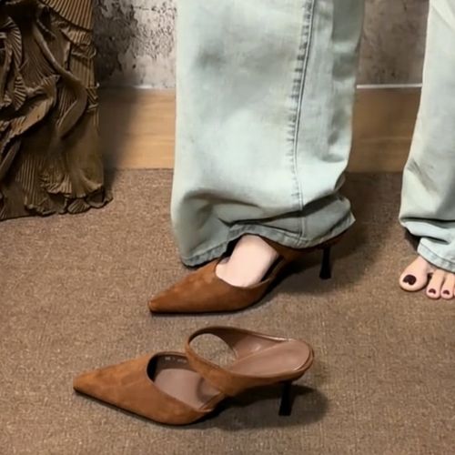 W-5 吴小姐新品！2026春夏小众设计复古方头一字带包头半拖高跟鞋主图