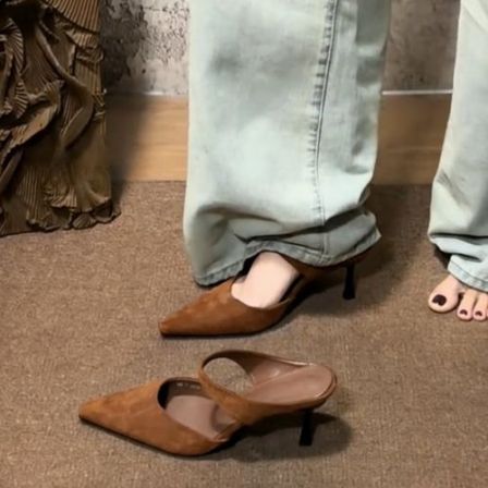 W-5 吴小姐新品！2026春夏小众设计复古方头一字带包头半拖高跟鞋