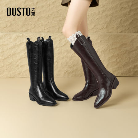 大东靴子女方头长筒靴2025秋冬加绒显瘦时尚百搭粗跟时装靴002192