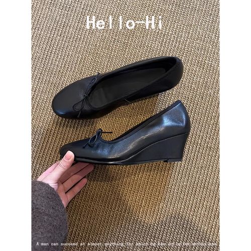 羊皮版~法式坡跟小众浅口单鞋女一脚蹬气质圆头蝴蝶结高跟通勤鞋主图