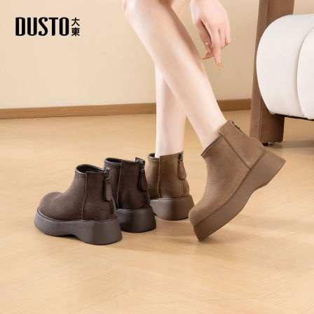 大东女鞋小个子厚底短靴2025秋冬新款加绒百搭轻便绒面时装靴3819