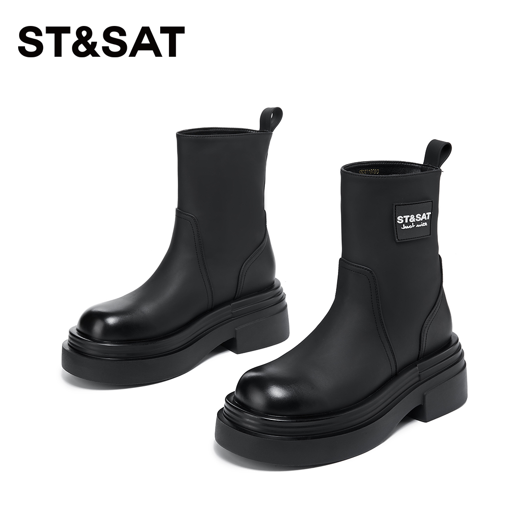 St&Sat/星期六厚底增高短靴2025百搭秋季新款欧美风粗跟简约女靴主图