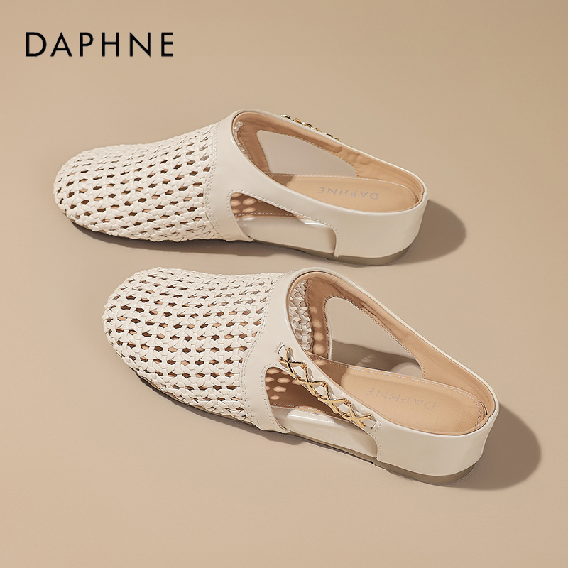 达芙妮包头半拖凉鞋女2025新款夏季编织镂空透气平底休闲凉拖鞋S主图