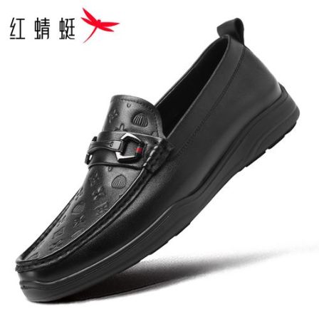 红蜻蜓男鞋2026春夏豆豆鞋印花真皮一脚蹬男士白色皮鞋乐福鞋休闲