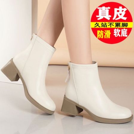 真皮短靴女高跟妈妈鞋春秋单靴法式裸靴白色瘦瘦靴时尚马丁靴女