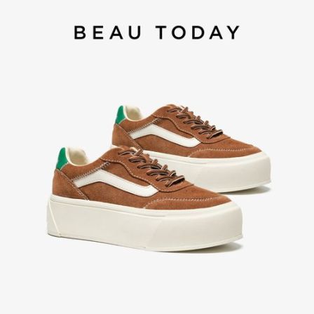 BeauToday5cm增高女鞋休闲鞋潮流女低帮系带复古板鞋透气女鞋