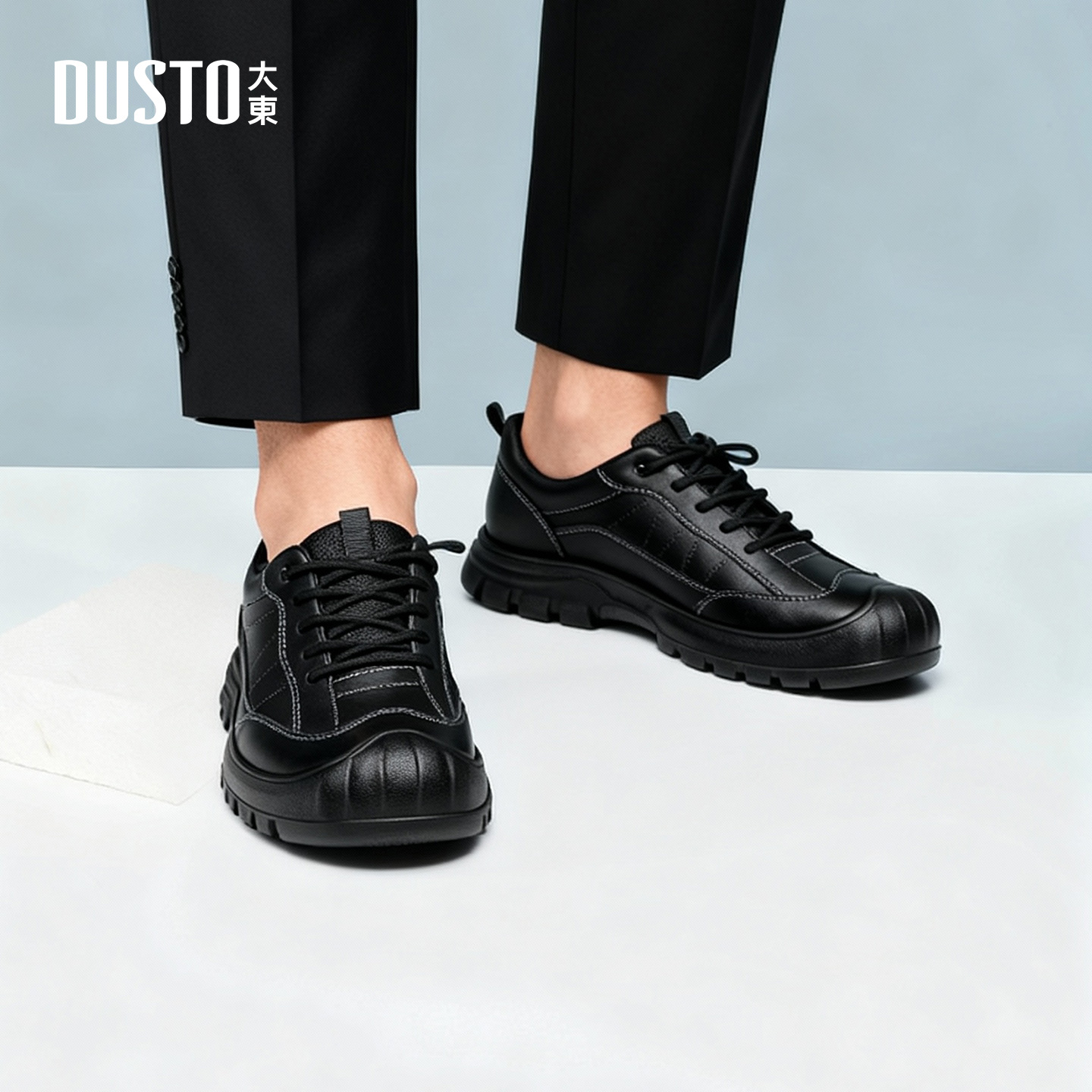 大东男鞋休闲运动鞋2026春季新款黑色百搭耐脏皮面厚底鞋子6521主图