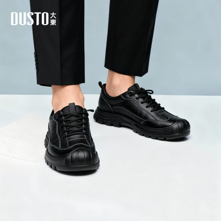 大东男鞋休闲运动鞋2026春季新款黑色百搭耐脏皮面厚底鞋子6521