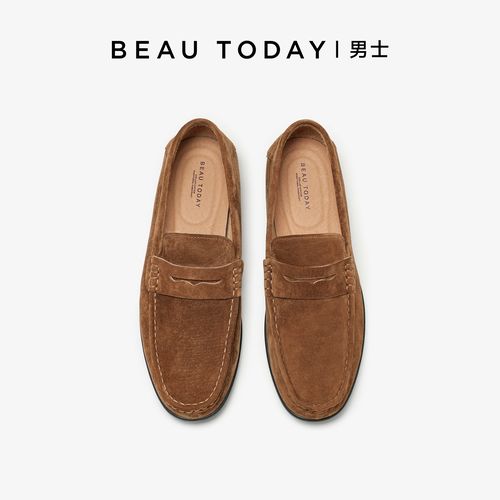 BeauToday【头层胎牛绒】真皮软底舒适男棕色反绒复古豆豆鞋男春季主图