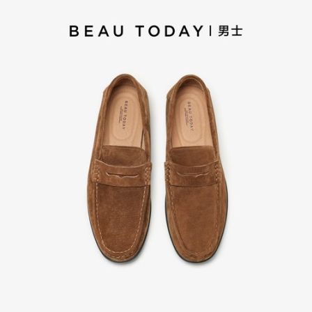 BeauToday【头层胎牛绒】真皮软底舒适男棕色反绒复古豆豆鞋男春季
