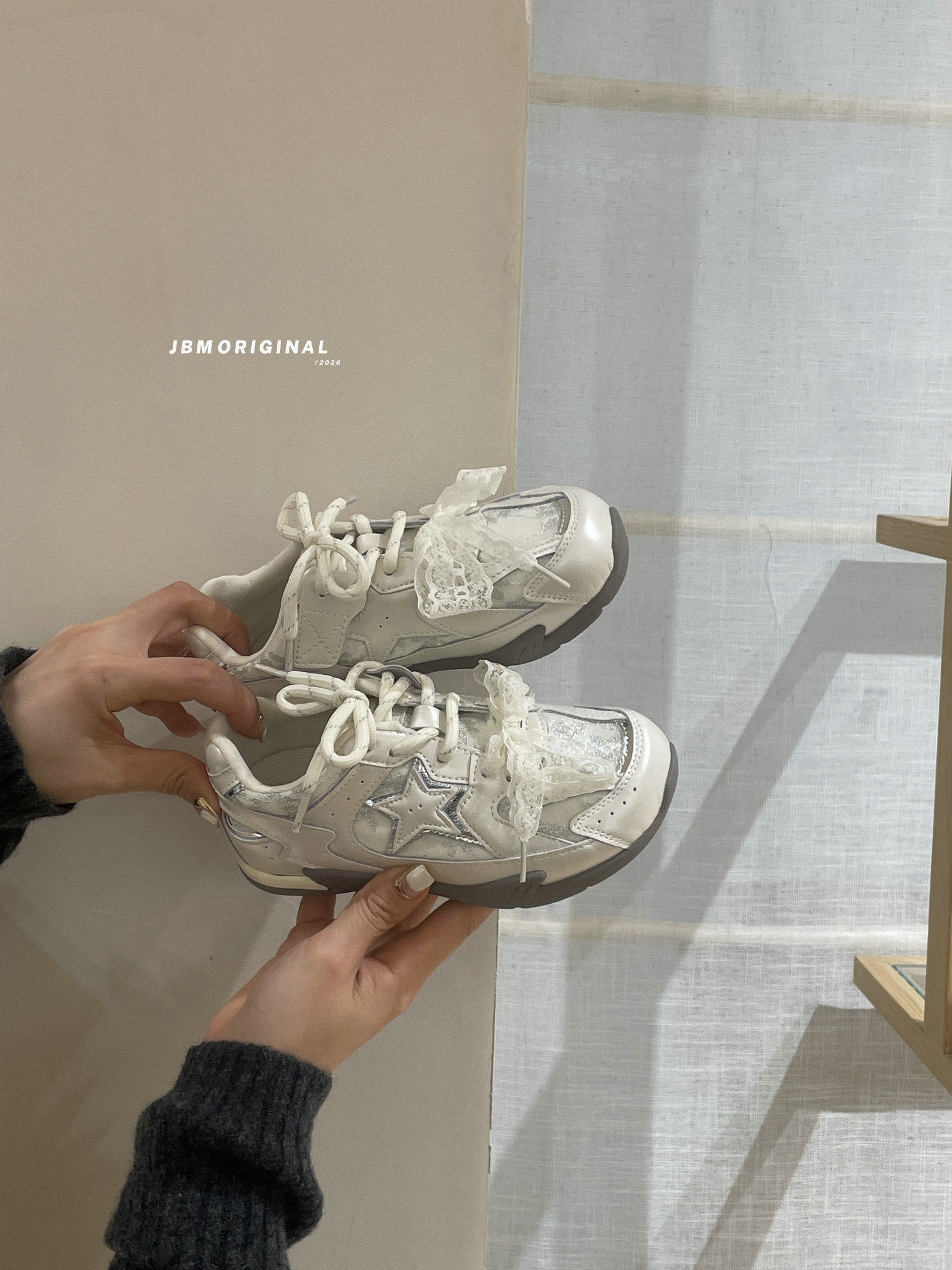 儿童蕾丝网面德训鞋 JBM正品春季休闲白色阿甘运动鞋女童星星板鞋主图