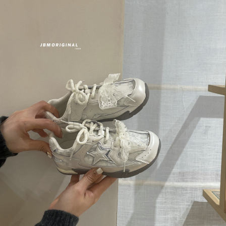 儿童蕾丝网面德训鞋 JBM正品春季休闲白色阿甘运动鞋女童星星板鞋