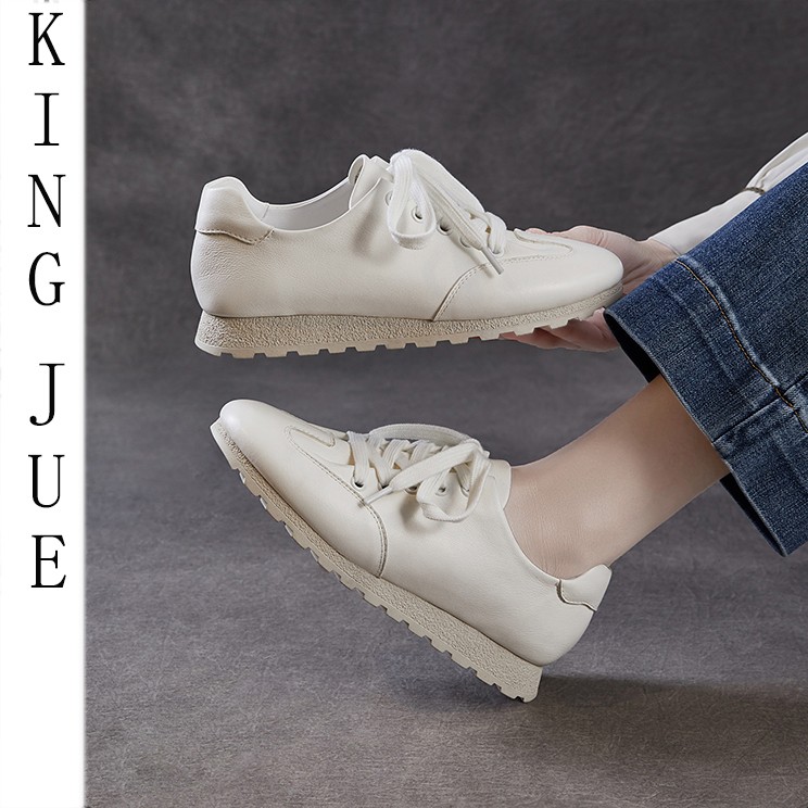 【王爵】春季新款百搭轻便系带休闲单鞋真牛皮小皮鞋运动平底小白鞋主图