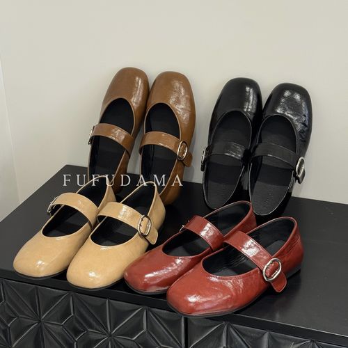 【胖福福大码女鞋】红色鞋子玛丽珍鞋女软底法式浅口平底皮带扣单鞋主图