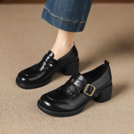 复古小皮鞋厚底乐福鞋女粗跟黑色百搭懒人大码单鞋2026春季新款