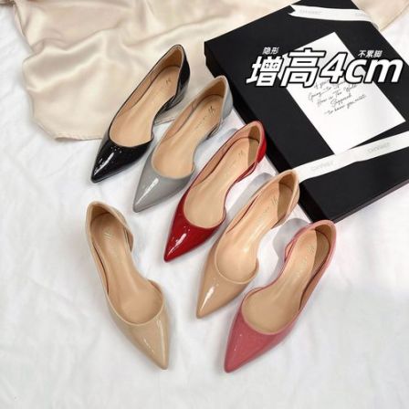 小个子增高4CM漆皮侧空尖头平底鞋女2025年新款法式裸色浅口单鞋