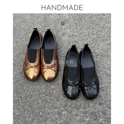 漫言町1cm头层牛皮圆头平底单鞋松紧带蝴蝶结镂空乐福鞋复古百搭主图