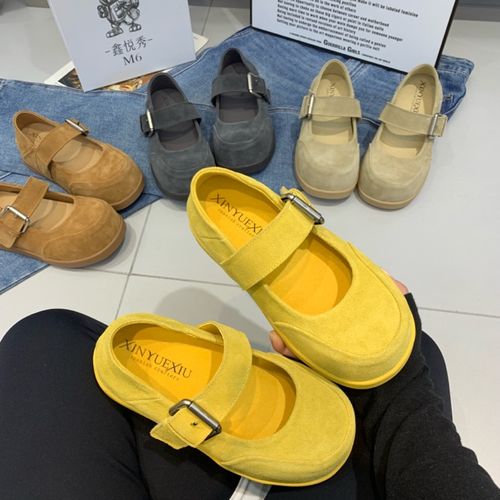 广州欧货【奶黄】早春圆头真皮5cm日系玛丽珍软底乐福鞋6227-1主图