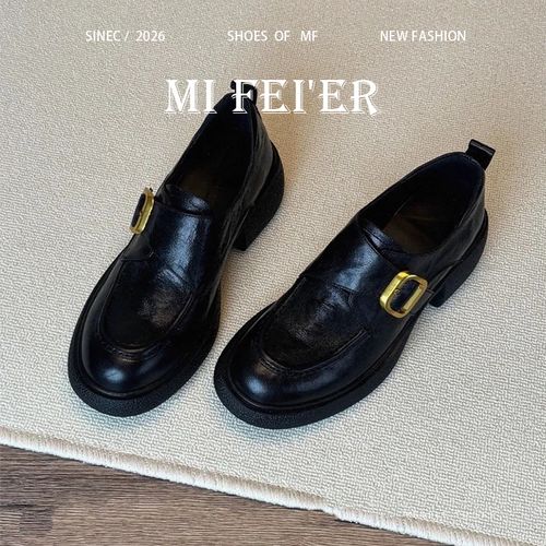 羊皮版~厚底乐福鞋女英伦风一脚蹬黑色jk小皮鞋通勤百搭新款单鞋主图