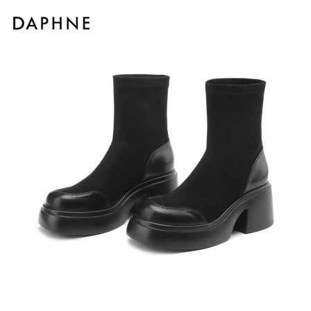 达芙妮时尚百搭厚底女士短靴弹力女靴圆头英伦风中筒粗跟瘦瘦靴