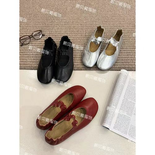 熙贝薇5 复古褶皱一字带浅口羊皮平底圆头玛丽珍单鞋 G6087主图