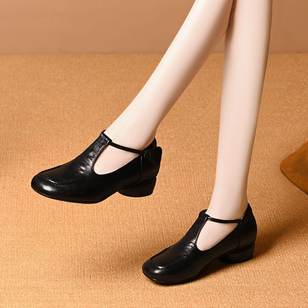 头层羊皮圆头低跟单鞋女2026春秋新款真皮玛丽珍一字带粗跟小皮鞋主图