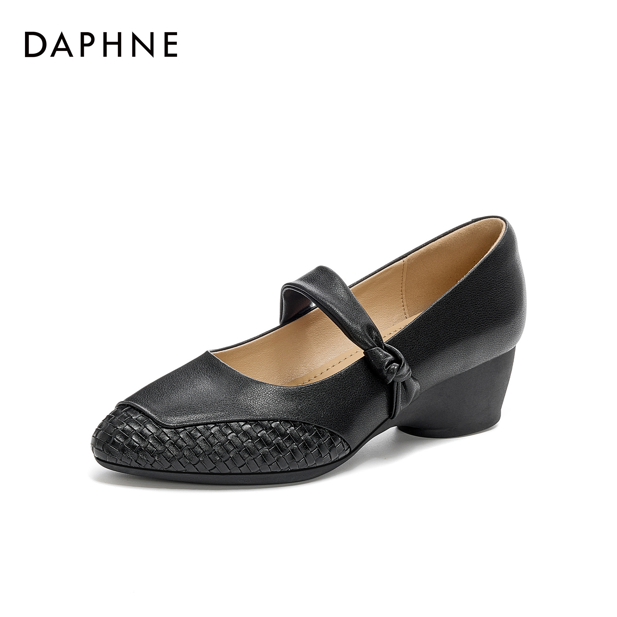 达芙妮新款纯色尖头浅口秋季粗跟时尚编织舒适低跟单鞋甜辣千金风主图