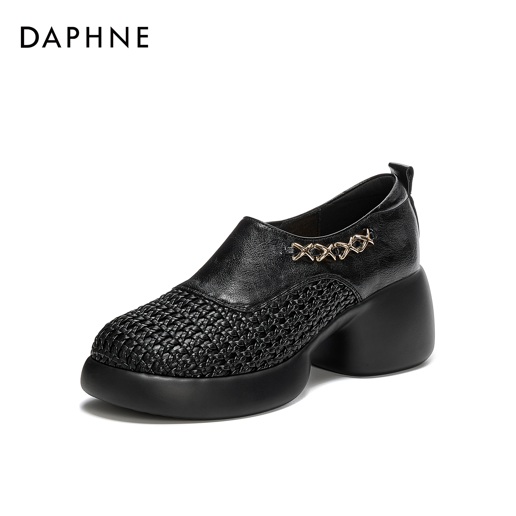 达芙妮新款复古风英伦风厚底高跟秋季编织圆头时尚百搭粗跟单鞋主图