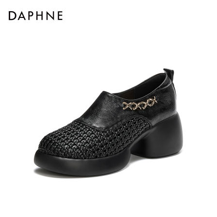 达芙妮新款复古风英伦风厚底高跟秋季编织圆头时尚百搭粗跟单鞋