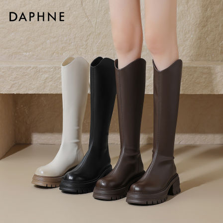 达芙妮圆头厚底高筒靴时尚百搭骑士靴英伦风中筒长筒时装瘦瘦靴