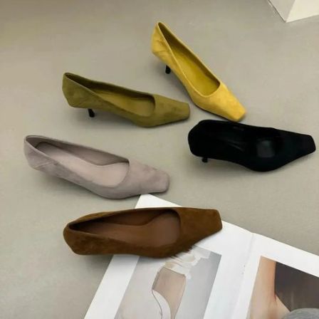 法式气质春季新款绒面方头浅口细跟单鞋时尚百搭通勤高跟鞋极简风