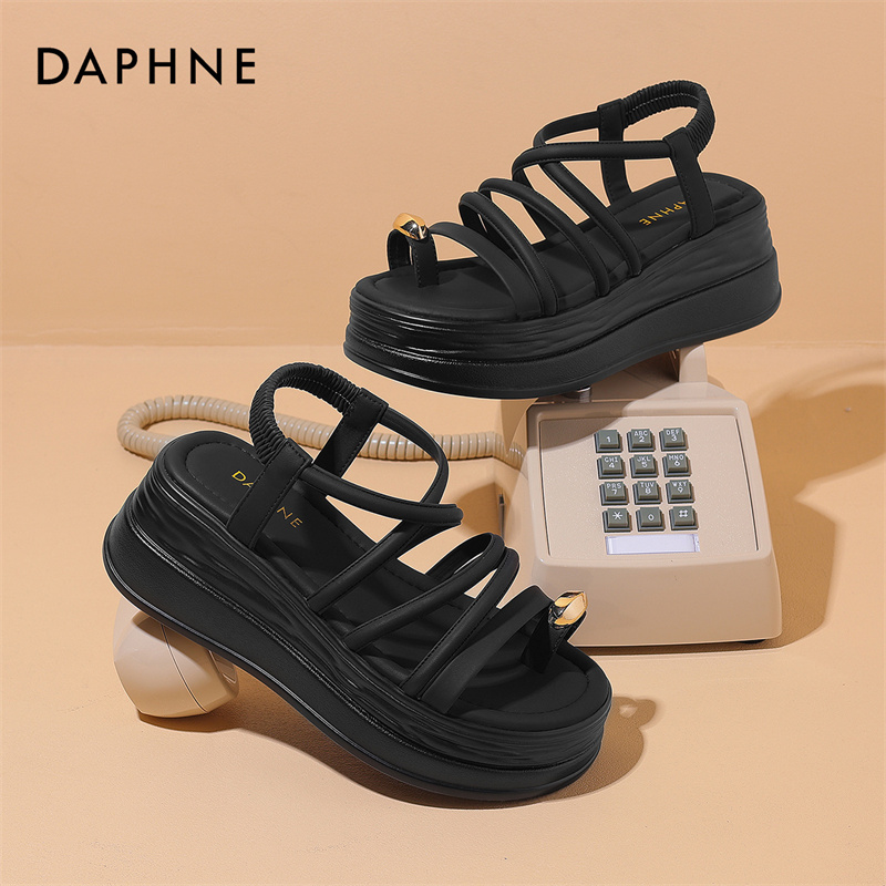 达芙妮黑色软底罗马凉鞋女夏季2025年新款增高女鞋厚底夹趾松糕鞋主图