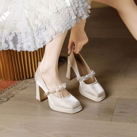 法式高跟鞋女粗跟厚底防水台增高不累脚玛丽珍婚纱伴娘鞋新娘鞋子