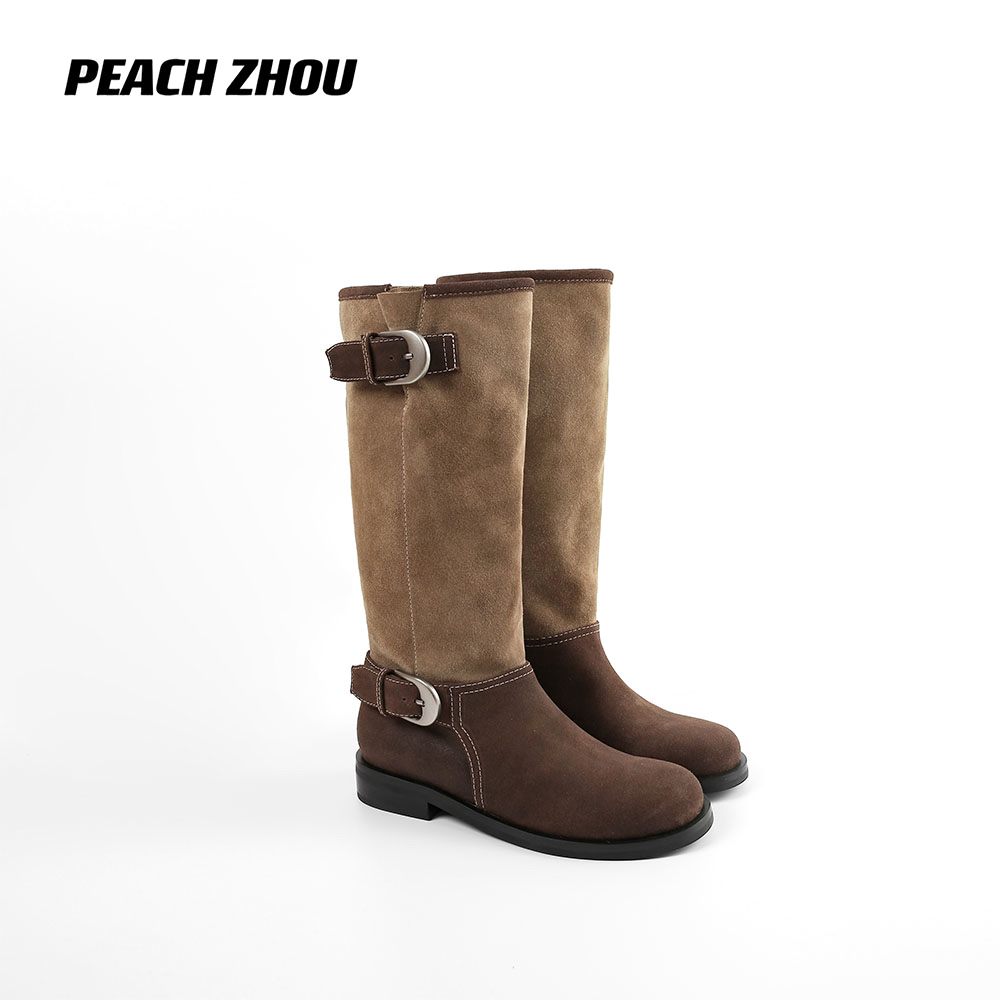 『PEACHZHOU』牛反绒羊皮莱卡布复古皮带扣高筒靴西部游牧风堆堆靴主图