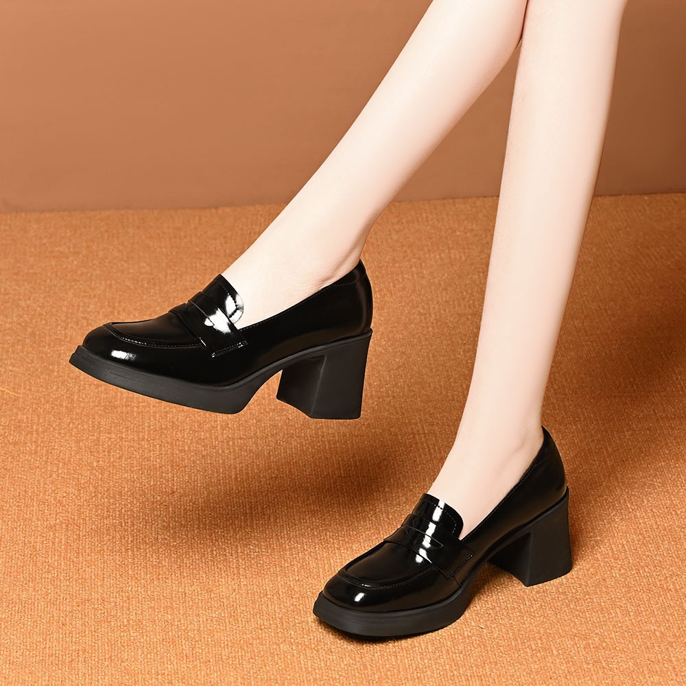 高跟乐福鞋女2026春季新款厚底增高英伦风方头一脚蹬粗跟深口单鞋主图