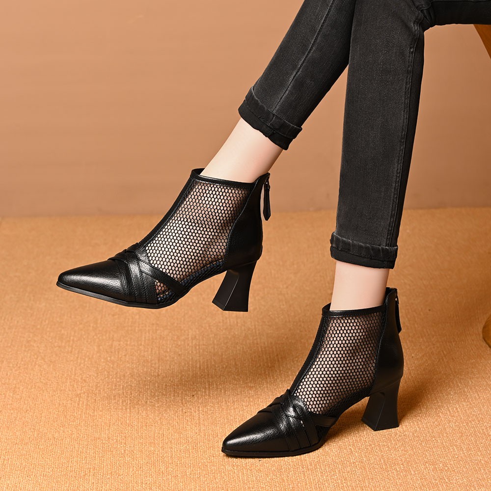 尖头粗跟网纱镂空短靴女春夏季新款后拉链透气时装靴黑色通勤凉靴主图