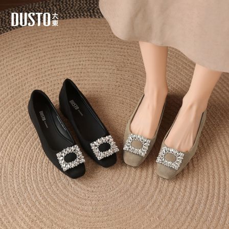 浅口鞋2026年春季女鞋新款方跟低跟套脚方头饰扣单鞋002449