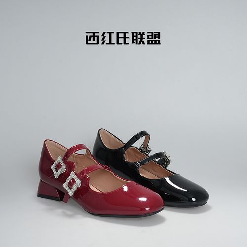 【西红氏联盟】新款方头水钻扣带粗跟百搭玛丽珍女单鞋主图