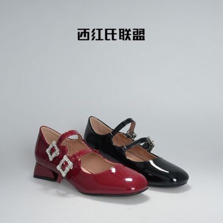 【西红氏联盟】新款方头水钻扣带粗跟百搭玛丽珍女单鞋