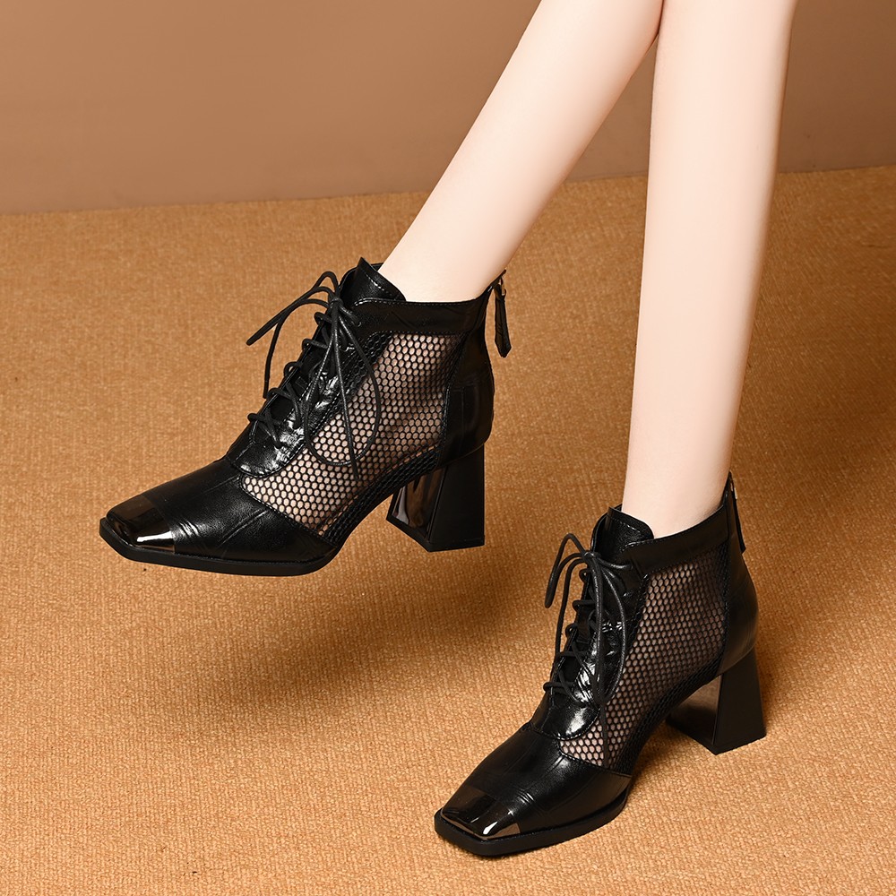 头层牛皮2026春夏季网靴女防踢方头粗跟系带镂空透气真皮网纱凉靴主图