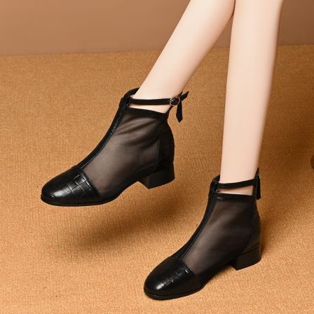 头层牛皮圆头粗跟镂空网纱2026春夏凉靴低跟透气镂空女士真皮网靴