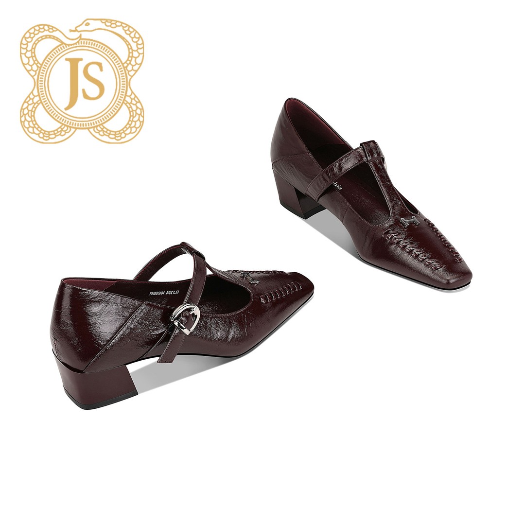 已开价，7555D5684复古法式玛丽珍丁字带方头百搭女粗跟高跟鞋女主图