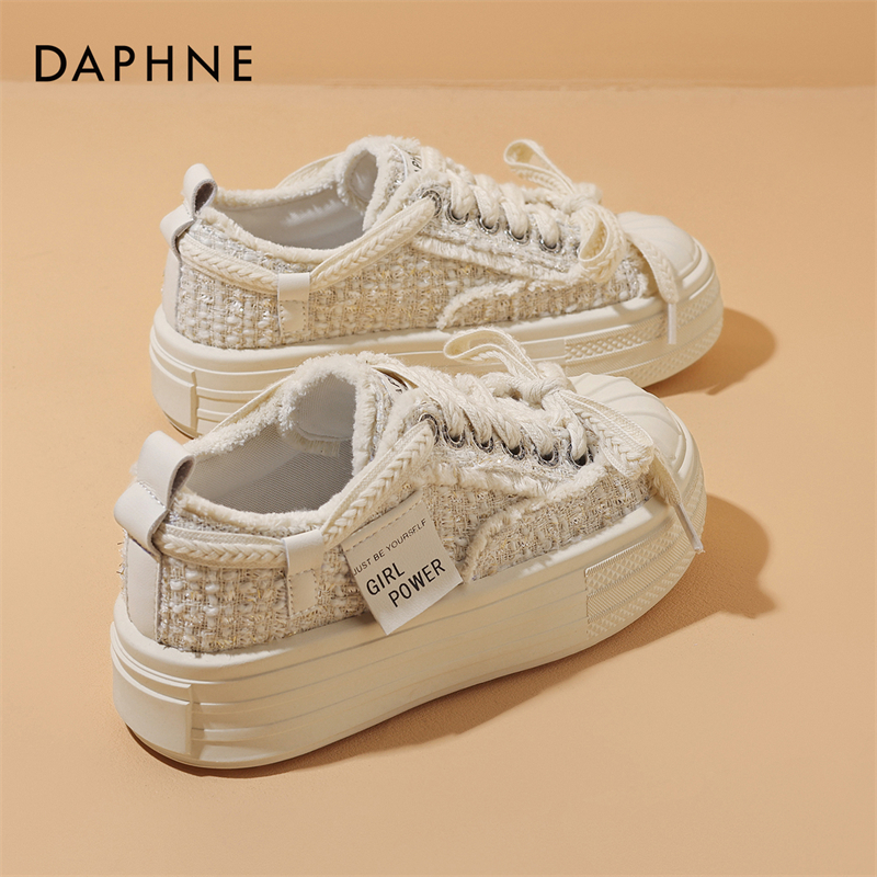 达芙妮帆布鞋女鞋2025年夏季新款韩版厚底贝壳头休闲毛须边小白鞋主图