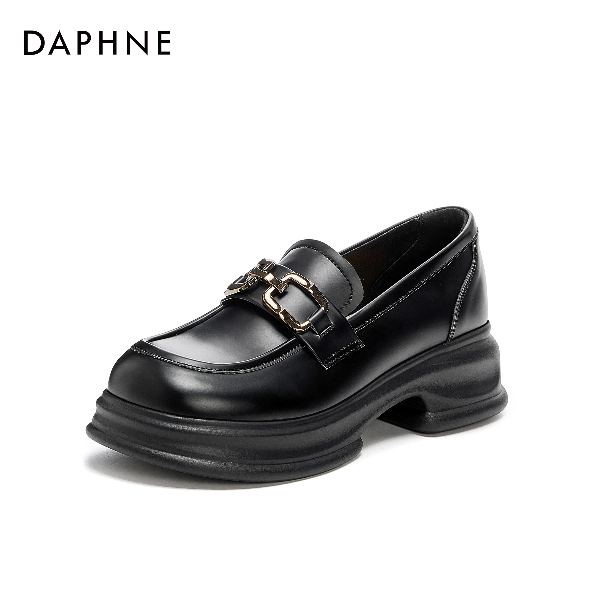 达芙妮新款英伦风女鞋纯色圆头套脚秋季深口时尚厚底高跟乐福鞋主图