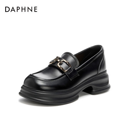 达芙妮新款英伦风女鞋纯色圆头套脚秋季深口时尚厚底高跟乐福鞋