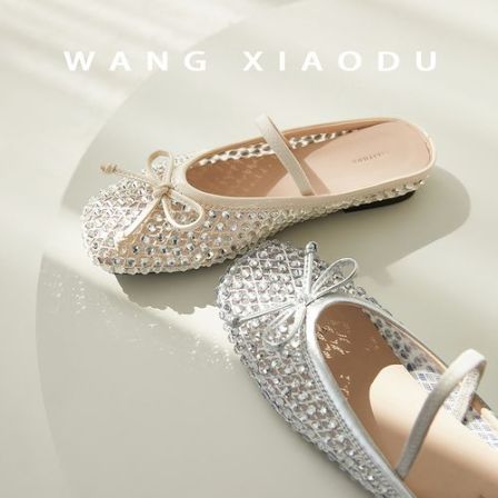 原创【王小毒】星光织梦●3cm内增高网面包方头凉拖女亮钻半拖鞋