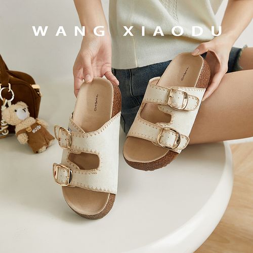 【王小毒】勃肯风格●增高4cm~复古绒面厚底一字拖鞋女外穿双排扣主图