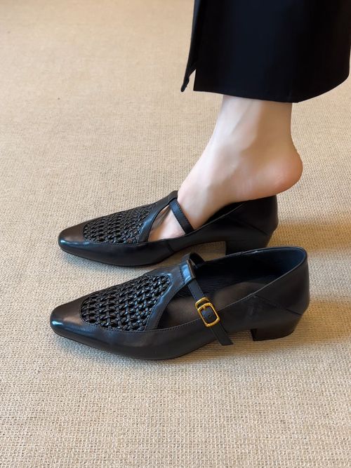 4.5cm复古方头编织镂空浅口丁字扣带粗跟通勤单鞋法式百搭玛丽珍主图