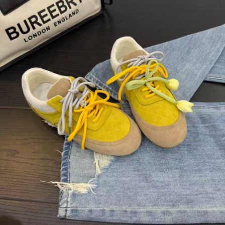 大金大码女鞋40-43新款系带拼色花朵休闲平底德训鞋