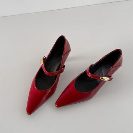 法式新款全皮小方头浅口一字带气质玛丽珍女士单鞋时尚百搭